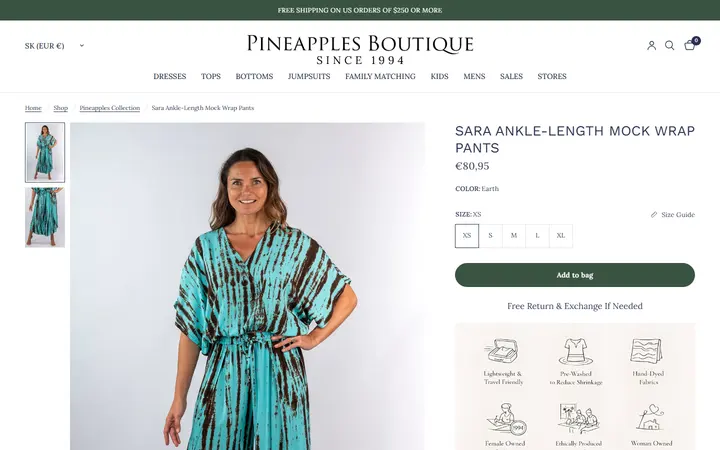 Website page titled Sara Ankle-Length Mock Wrap Pants Earth – Pineapples Boutique