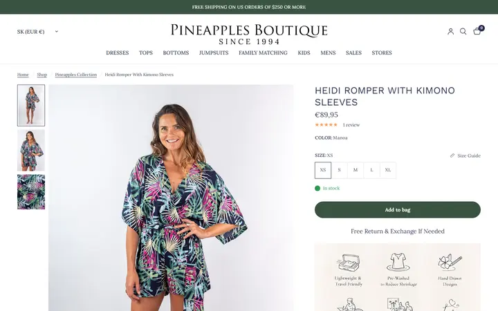 Website page titled Heidi Romper With Kimono Sleeves Manoa – Pineapples Boutique