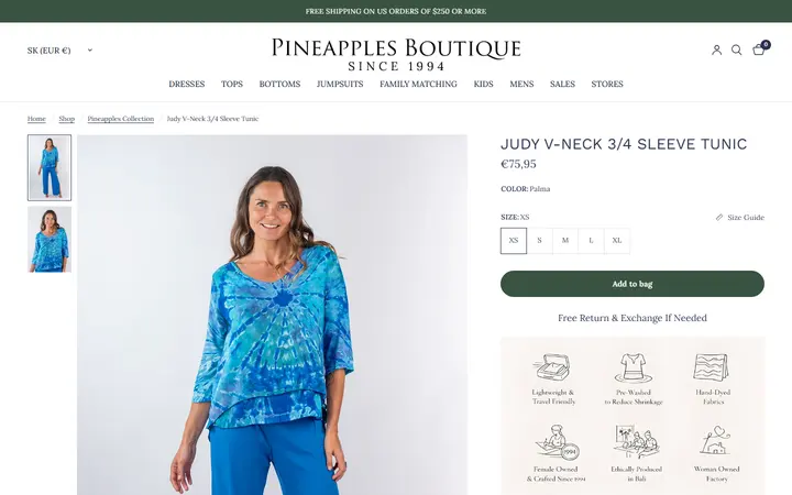 Website page titled Judy V-Neck 3/4 Sleeve Tunic Palma – Pineapples Boutique