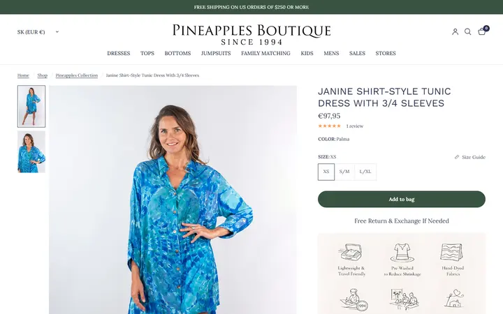Website page titled Janine Shirt-Style Tunic Dress With 3/4 Sleeves Palma – Pineapples Boutique