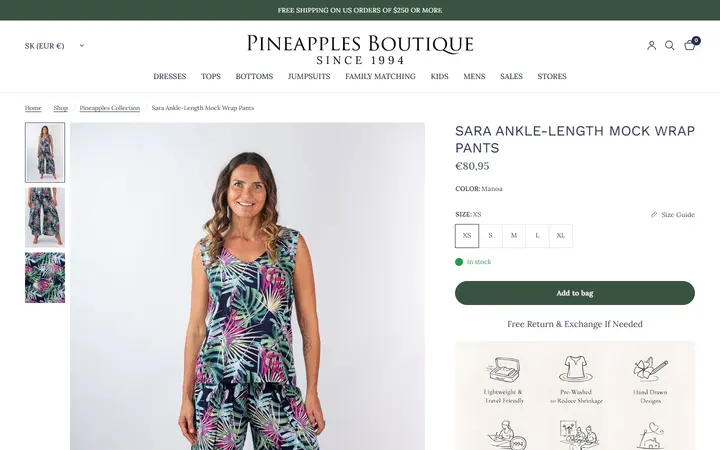 Website page titled Sara Ankle-Length Mock Wrap Pants Manoa – Pineapples Boutique