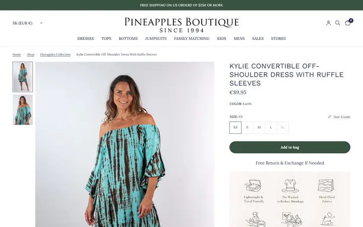 Website page titled Kylie Convertible Off-Shoulder Dress With Ruffle Sleeves Earth – Pineapples Boutique