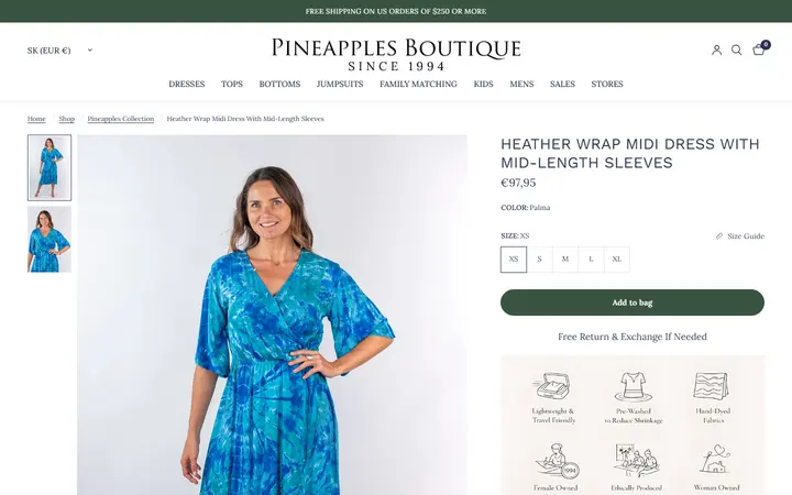 Website page titled Heather Wrap Midi Dress With Mid-Length Sleeves Palma – Pineapples Boutique
