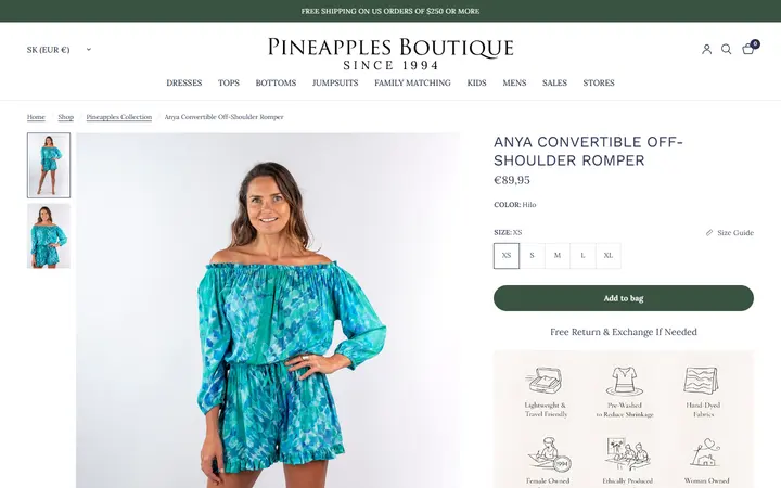 Website page titled Anya Convertible Off-Shoulder Romper Hilo – Pineapples Boutique