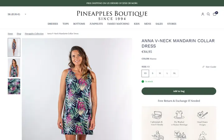 Website page titled Anna V-Neck Mandarin Collar Dress Manoa – Pineapples Boutique