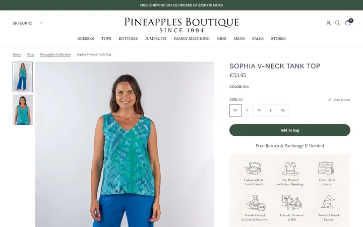 Website page titled Sophia V-Neck Tank Top Hilo – Pineapples Boutique