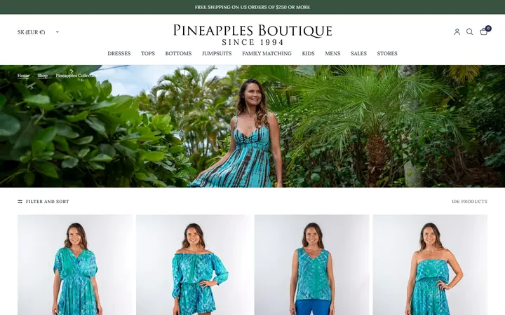 Website page titled Pineapples Collection – Pineapples Boutique