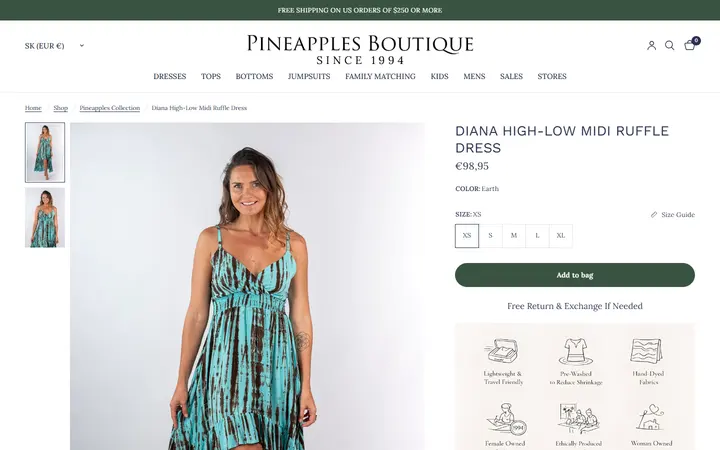 Website page titled Diana High-Low Midi Ruffle Dress Earth – Pineapples Boutique