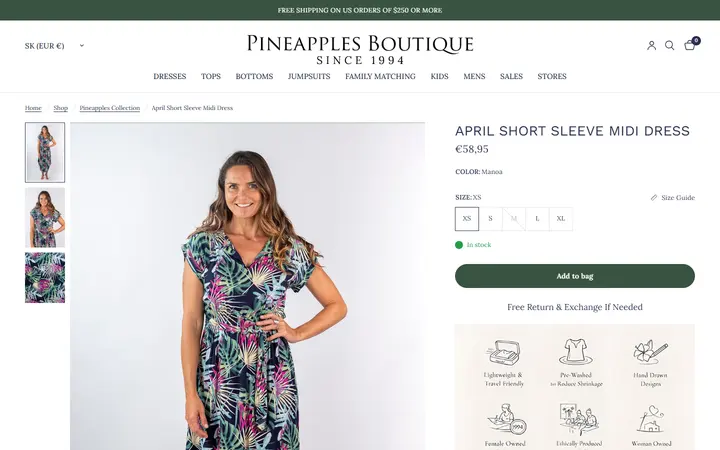 Website page titled April Short Sleeve Midi Dress Manoa – Pineapples Boutique