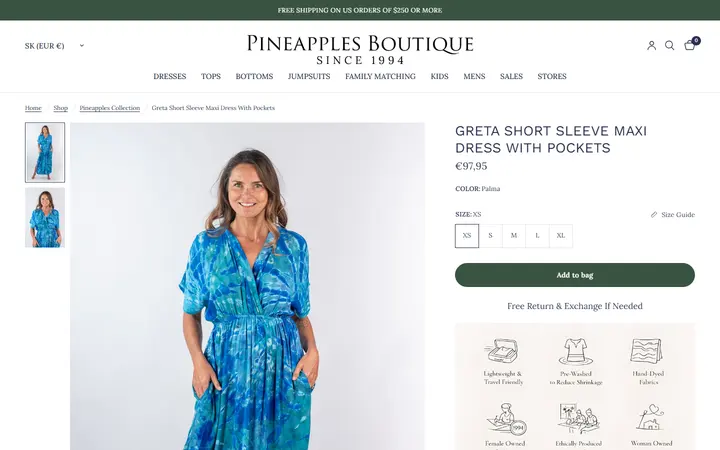 Website page titled Greta Short Sleeve Maxi Dress With Pockets Palma – Pineapples Boutique