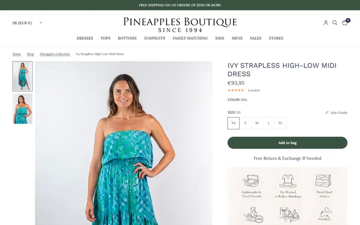Website page titled Ivy Strapless High-Low Midi Dress Hilo – Pineapples Boutique
