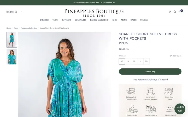 Website page titled Scarlet Short Sleeve Dress With Pockets Hilo – Pineapples Boutique