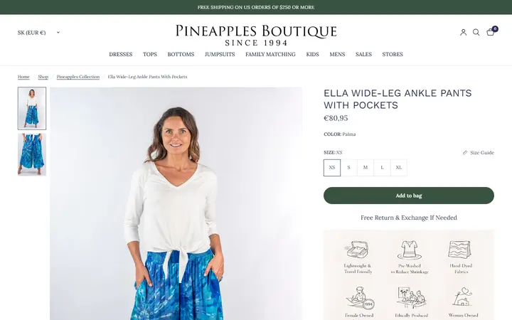 Website page titled Ella Wide-Leg Ankle Pants With Pockets Palma – Pineapples Boutique
