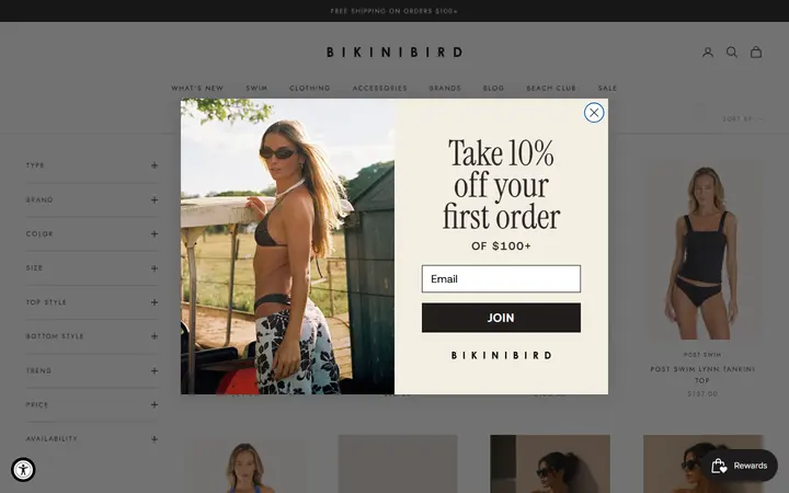 Website page titled Designer Bikini Tops, Sold Separately | Bikinibird