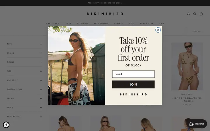 Website page titled Designer Bikinis | Mix & Match Tops & Bottoms | Bikinibird