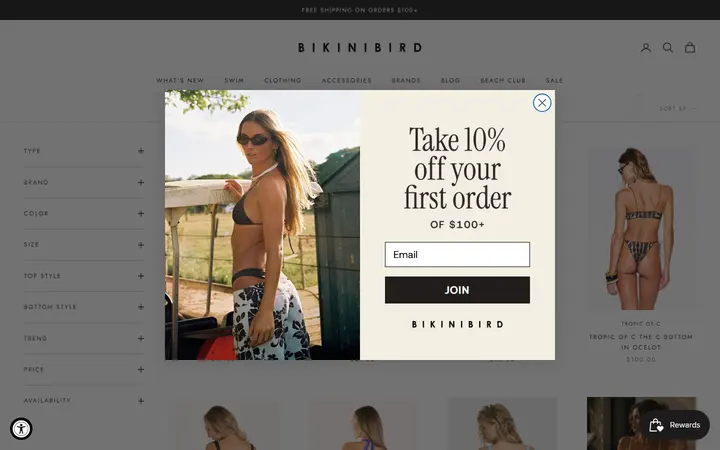 Website page titled Designer Bikini Bottoms | Cheeky to Full | Bikinibird