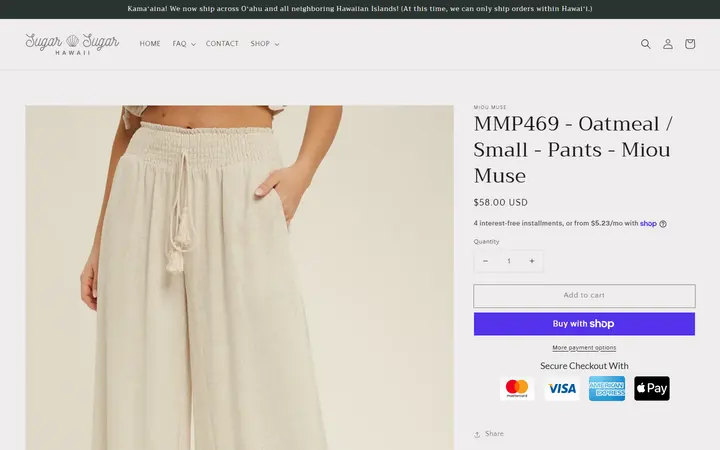 Website page titled MMP469 - Oatmeal / Small - Pants - Miou Muse – Sugar Sugar Hawaii