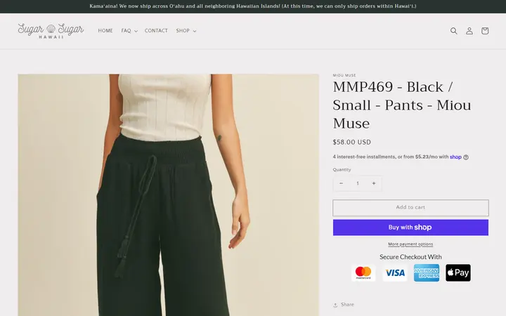 Website page titled MMP469 - Black / Small - Pants - Miou Muse – Sugar Sugar Hawaii