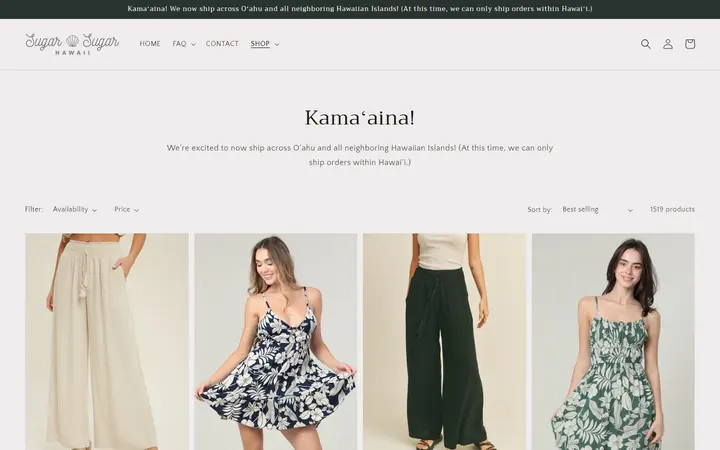 Website page titled All Clothing – Sugar Sugar Hawaii
