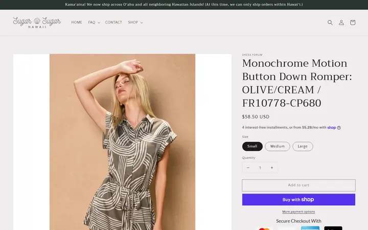 Website page titled Monochrome Motion Button Down Romper: OLIVE/CREAM / FR10778-CP680 – Sugar Sugar Hawaii