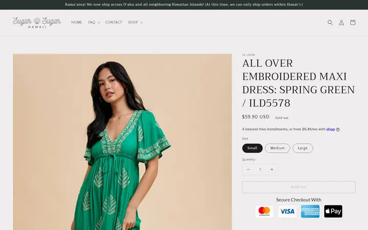 Website page titled ALL OVER EMBROIDERED MAXI DRESS: SPRING GREEN / ILD5578 – Sugar Sugar Hawaii