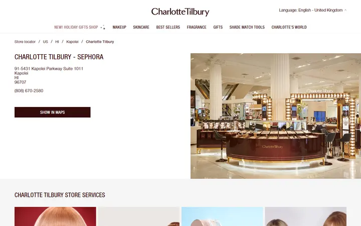 Website page titled Charlotte Tilbury Beauty store in Kapolei, United States | In-Store Makeup & Skincare Services.