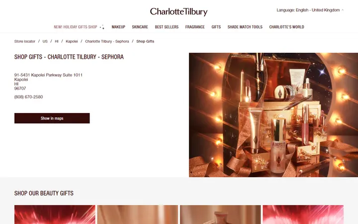 Website page titled Charlotte Tilbury Sephora Discover Charlotte's Beauty Gifts in Kapolei, HI