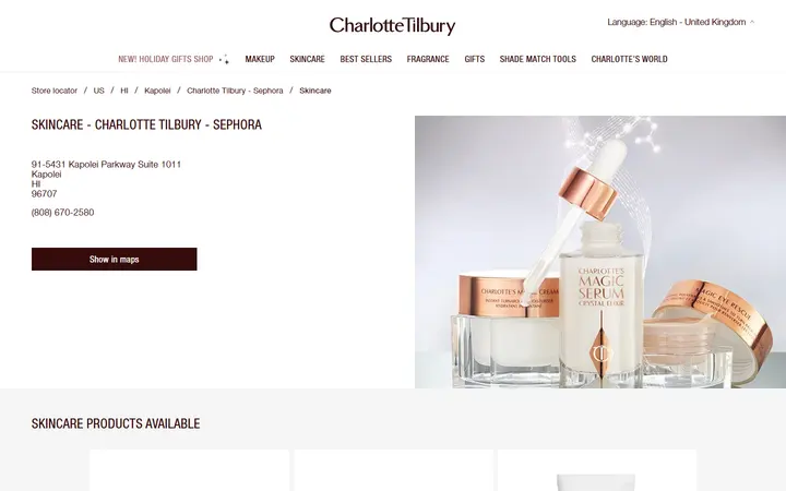Website page titled Skincare - Charlotte Tilbury Sephora