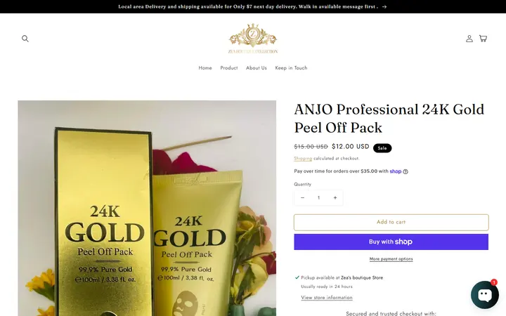 Website page titled ANJO Professional 24K Gold Peel Off Pack – Zea’s Boutique Collection