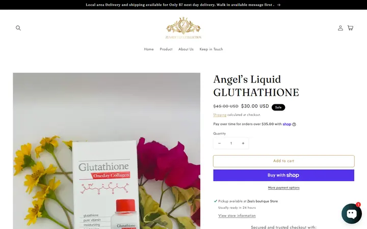 Website page titled Angel’s Liquid GLUTHATHIONE – Zea’s Boutique Collection