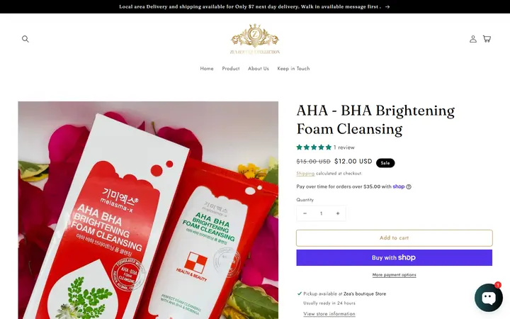 Website page titled AHA - BHA Brightening Foam Cleansing – Zea’s Boutique Collection