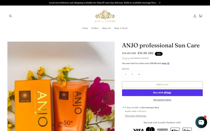 Website page titled ANJO professional Sun Care – Zea’s Boutique Collection