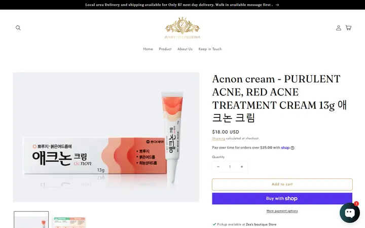 Website page titled Acnon cream - PURULENT ACNE, RED ACNE TREATMENT CREAM 13g 애크논 크림 – Zea’s Boutique Collection