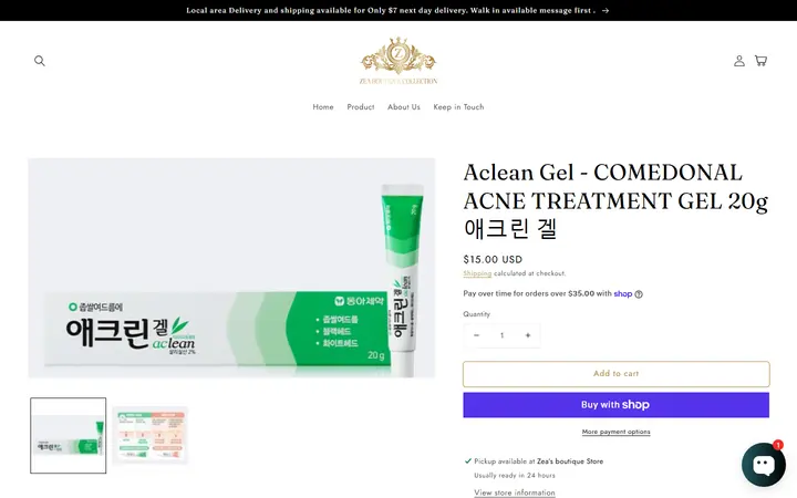 Website page titled Aclean Gel - COMEDONAL ACNE TREATMENT GEL 20g 애크린 겔 – Zea’s Boutique Collection