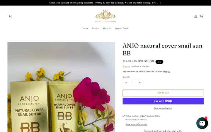 Website page titled ANJO natural cover snail sun BB – Zea’s Boutique Collection