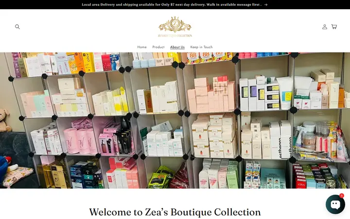 Website page titled About Us – Zea’s Boutique Collection