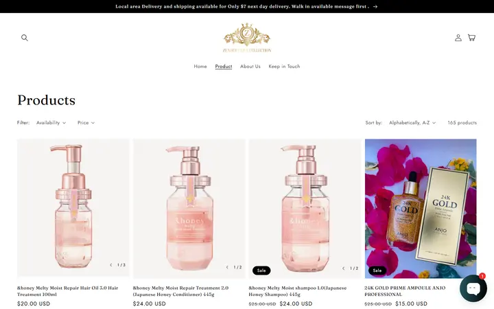 Website page titled Products – Zea’s Boutique Collection