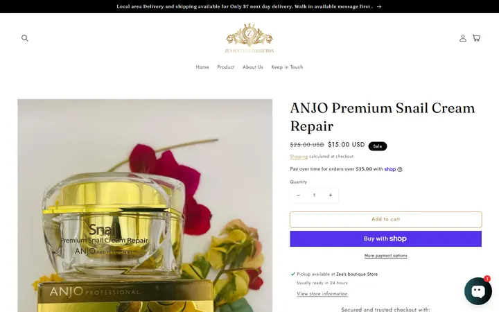 Website page titled ANJO Premium Snail Cream Repair – Zea’s Boutique Collection