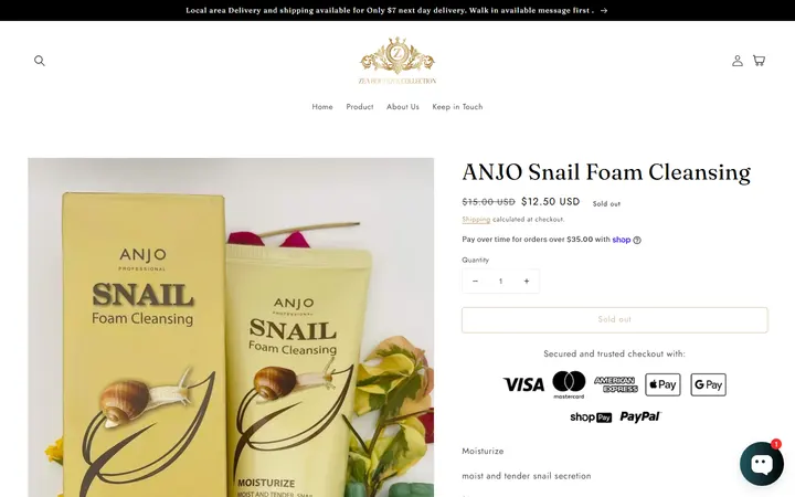 Website page titled ANJO Snail Foam Cleansing – Zea’s Boutique Collection