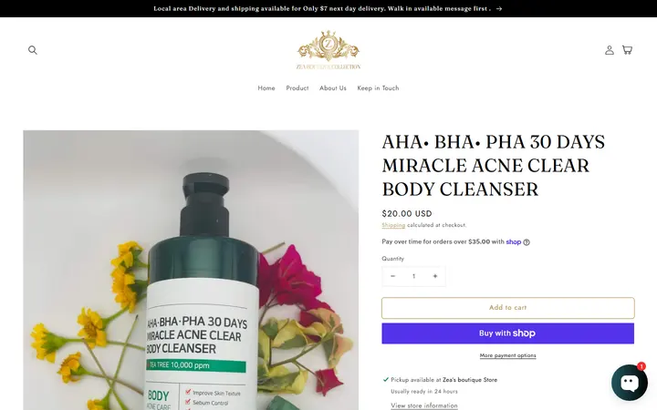 Website page titled AHA• BHA• PHA 30 DAYS MIRACLE ACNE CLEAR BODY CLEANSER – Zea’s Boutique Collection