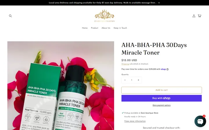 Website page titled AHA-BHA-PHA 30Days Miracle Toner – Zea’s Boutique Collection