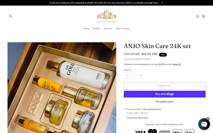 Website page titled ANJO Skin Care 24K set – Zea’s Boutique Collection