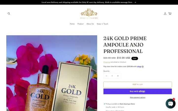 Website page titled 24K GOLD PRIME AMPOULE ANJO PROFESSIONAL – Zea’s Boutique Collection