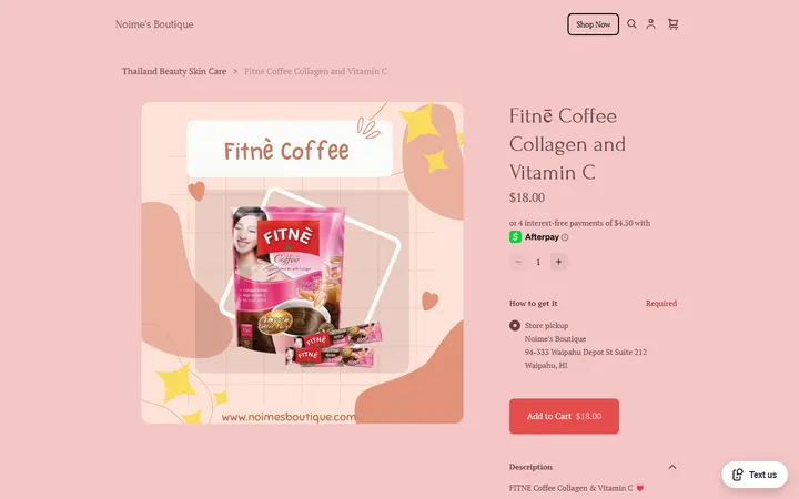 Website page titled Fitnē Coffee Collagen and Vitamin C | Noime’s Boutique