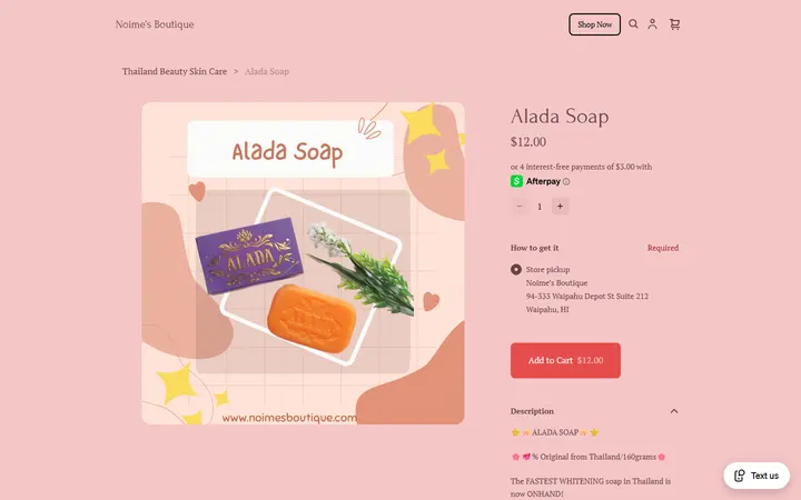 Website page titled Alada Soap | Noime’s Boutique