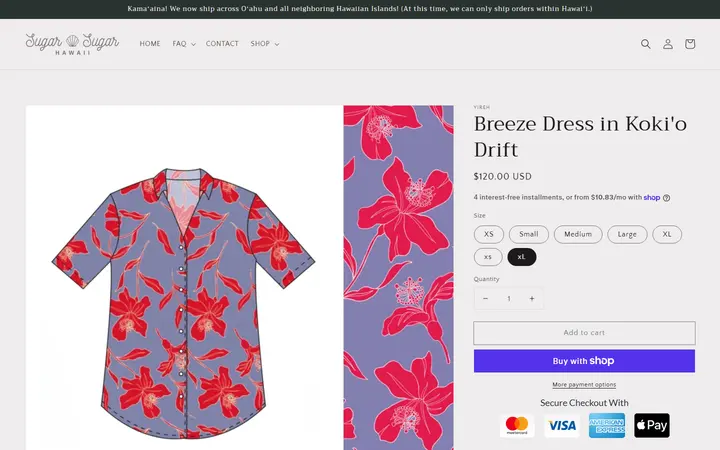 Website page titled Breeze Dress in Koki'o Drift – Sugar Sugar Hawaii