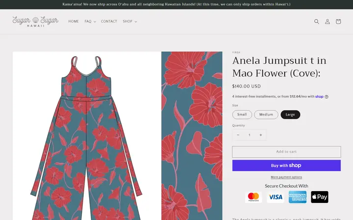 Website page titled Anela Jumpsuit t in Mao Flower (Cove): – Sugar Sugar Hawaii