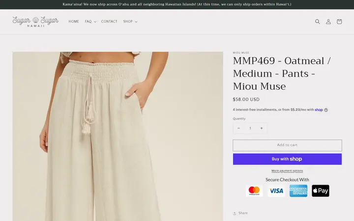 Website page titled MMP469 - Oatmeal / Medium - Pants - Miou Muse – Sugar Sugar Hawaii