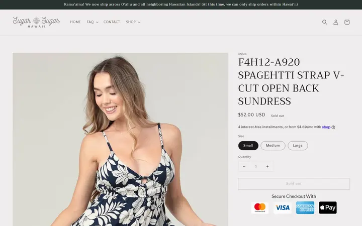 Website page titled F4H12-A920 SPAGEHTTI STRAP V-CUT OPEN BACK SUNDRESS – Sugar Sugar Hawaii