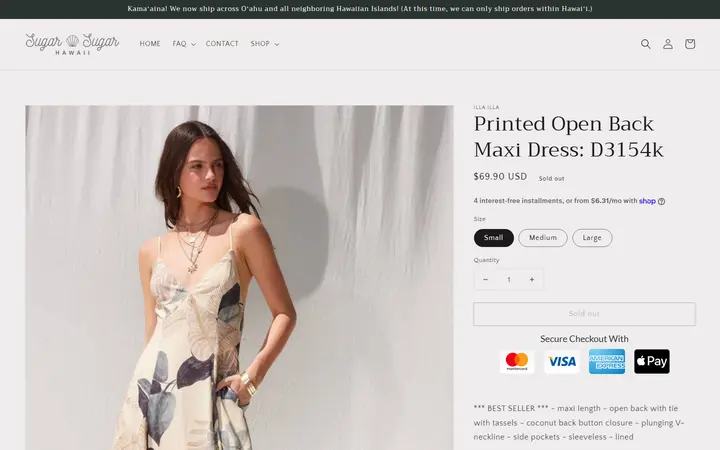 Website page titled Printed Open Back Maxi Dress: D3154k – Sugar Sugar Hawaii